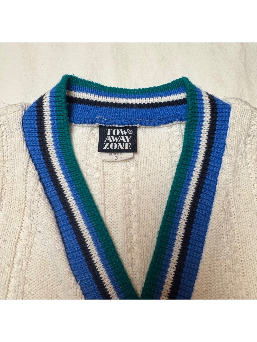 Vintage Kids Cable Knit Sweater Vest Tow Away Zone Cream Striped Trim Size 3 - Picture 3 of 6